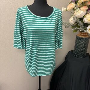 Umgee USA Green White Striped Relaxed Fit Elbow Sleeve Casual Top Women’s L